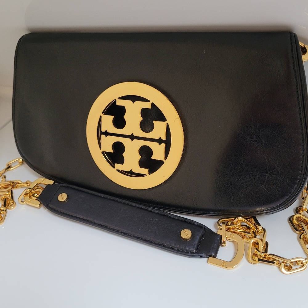 Tory Burch Black Leather Crossbody with Gold Logo, 7" x 11".